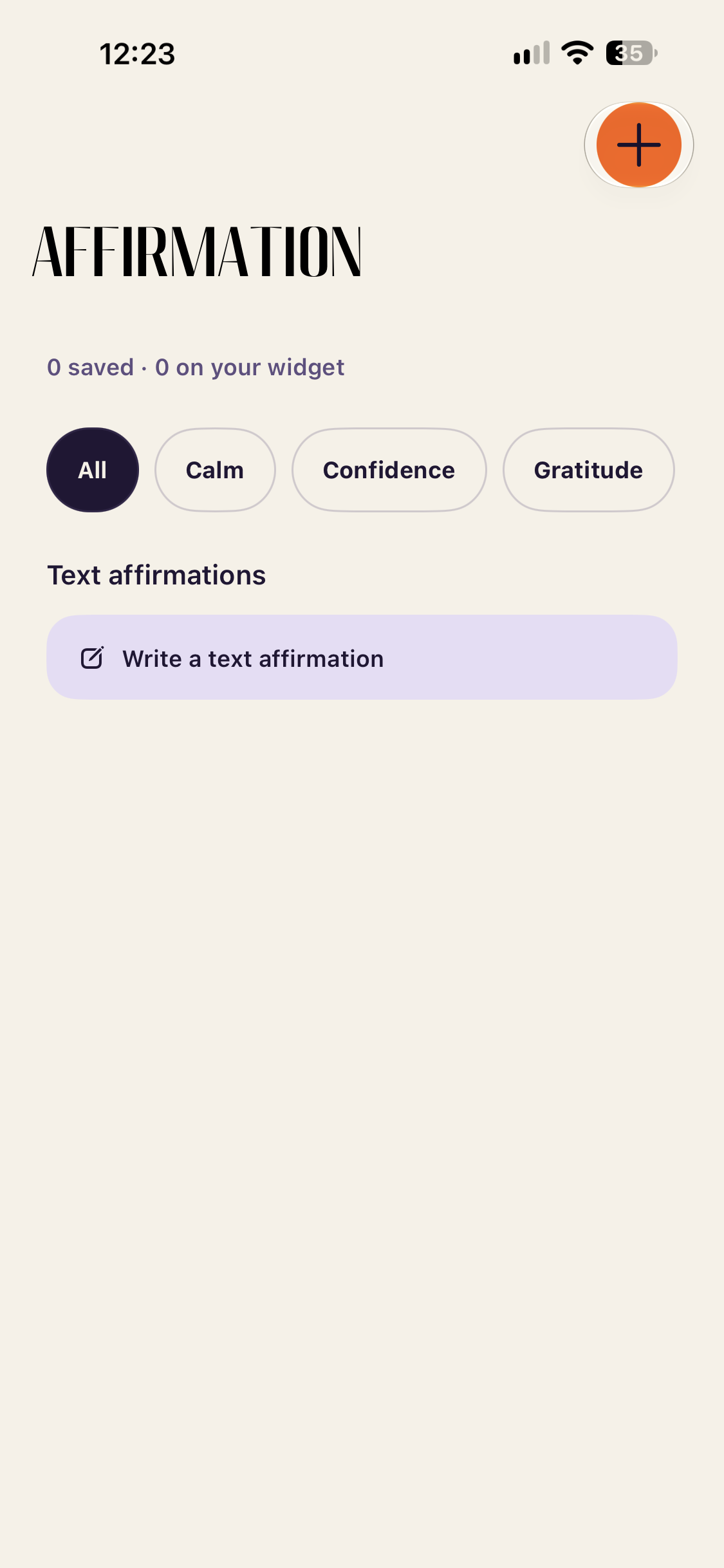 Affirmation screen after customization, with a large, left-aligned title in a tall serif font.